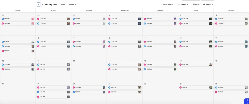Social media posts scheduled using Buffer, social media icons on a calendar month